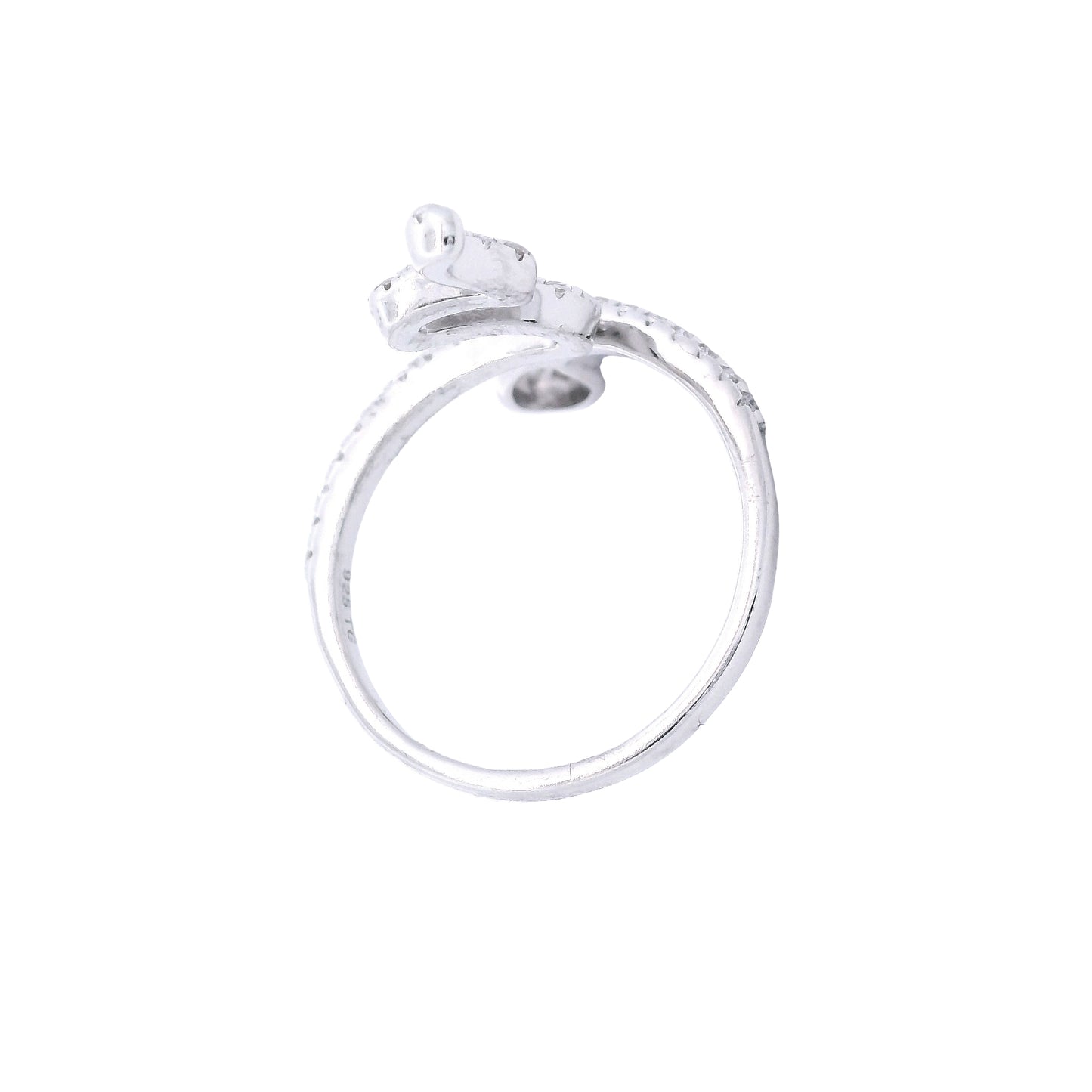 Bottom view of sterling silver snake open ring. The ring is fully outlined in zirconia. The open ring is divided with the head on one side of the band and the tail on the other.