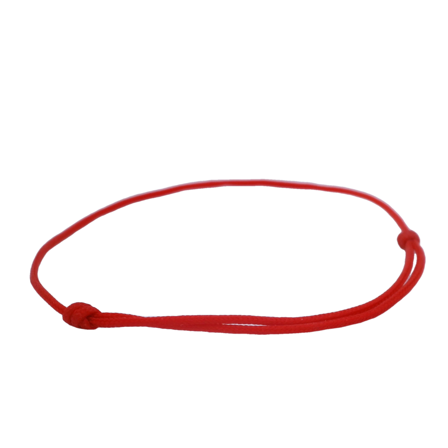 Simple red string bracelet with two knots on each side to adjust the bracelet size.