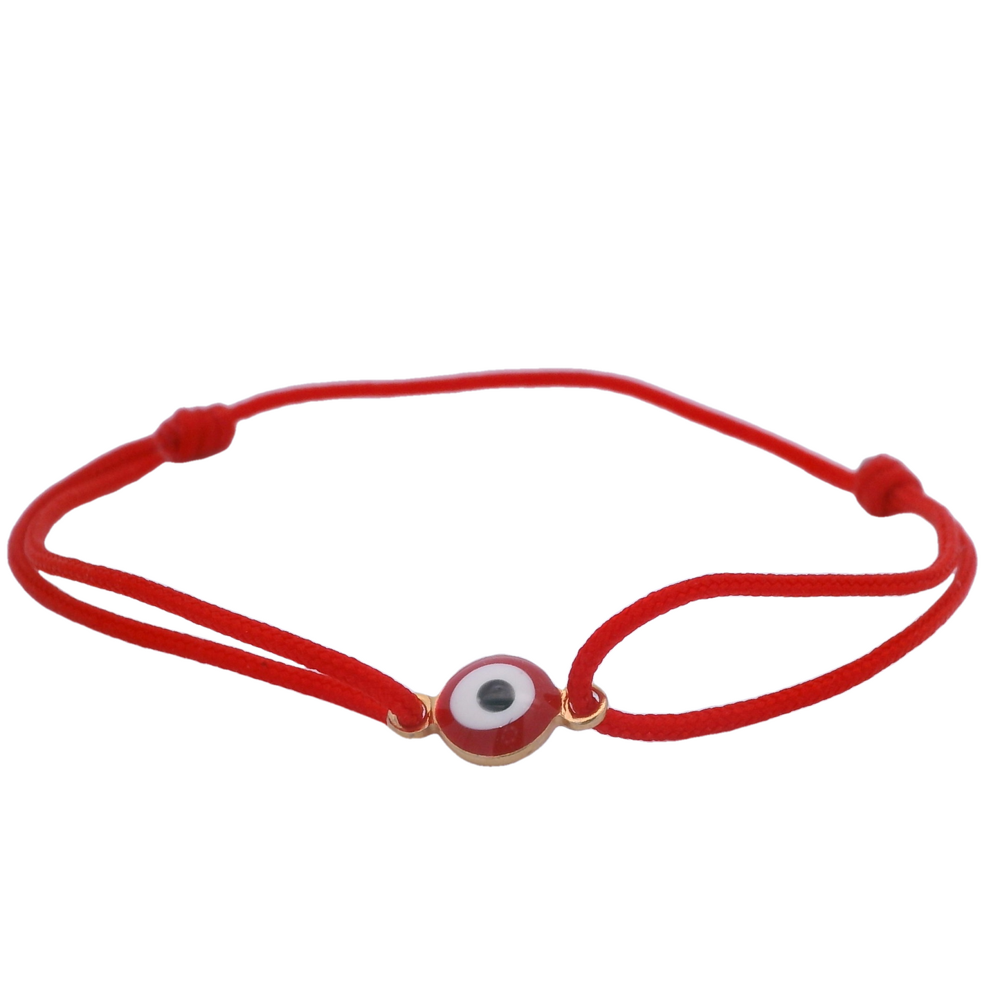Red string bracelet with a red evil eye in the center and two knots on each side to adjust the size.