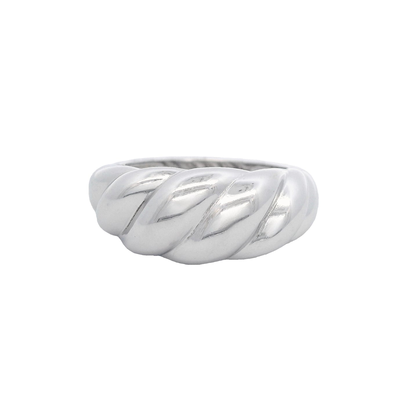 Front view of silver ring that has graduated swirls with the largest in the center like a croissant.