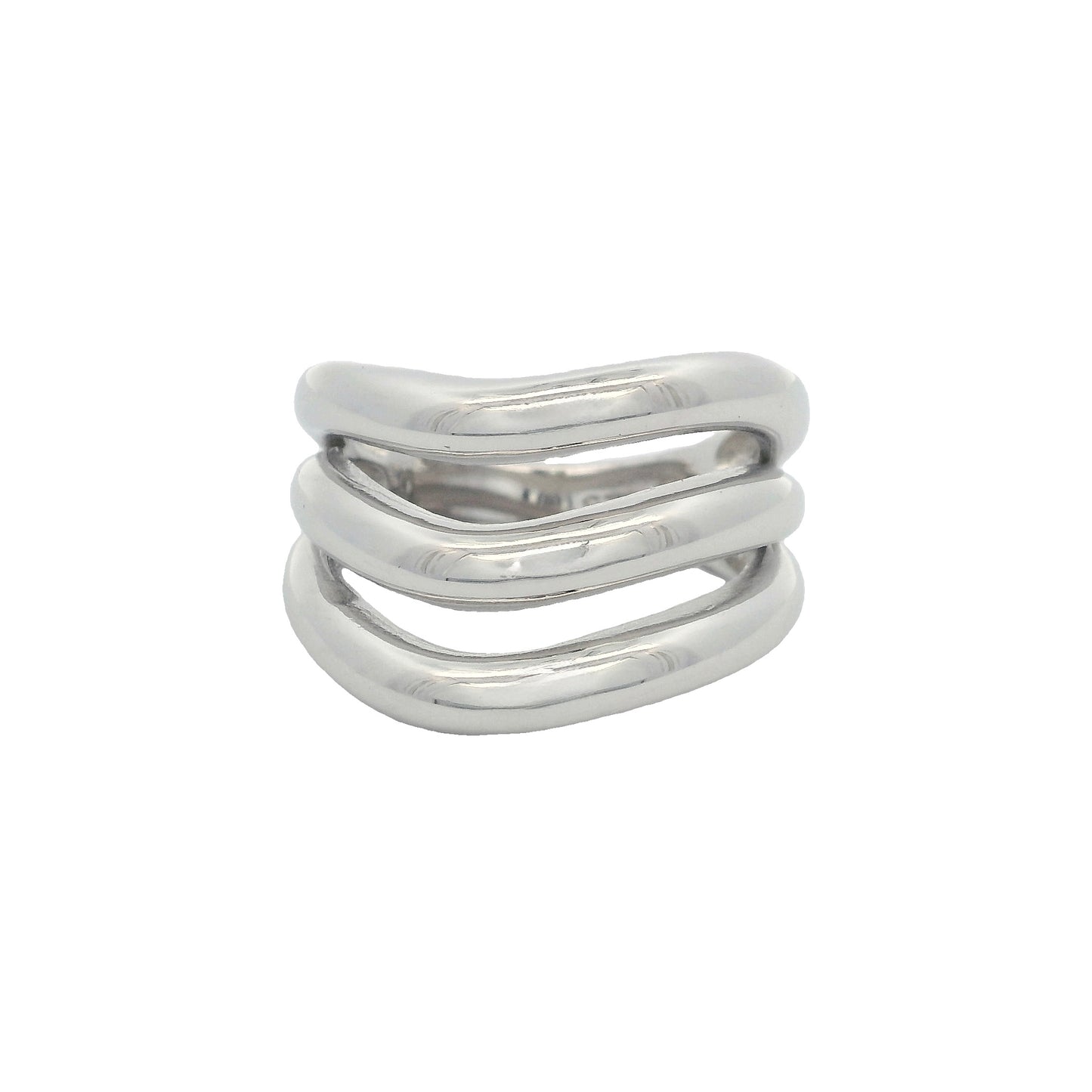 Front view of silver ring that has 3 chunky bands that are wavy and dipping in the center.