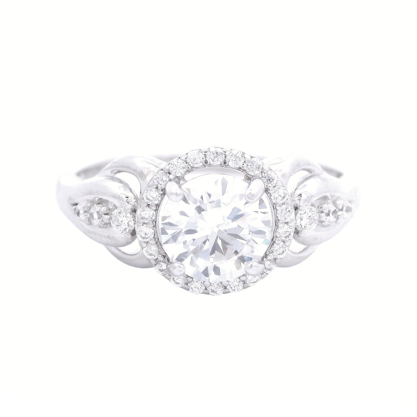 Front view of sterling silver ring with round-shaped zirconia in the center and a round halo. It has decorative swirls with round zirconia accents on each side.
