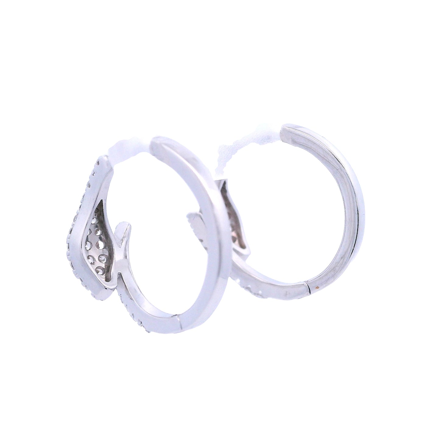 Back angled view of white silver small hoops with snake head and tail in the center. The hoops have white zirconia.