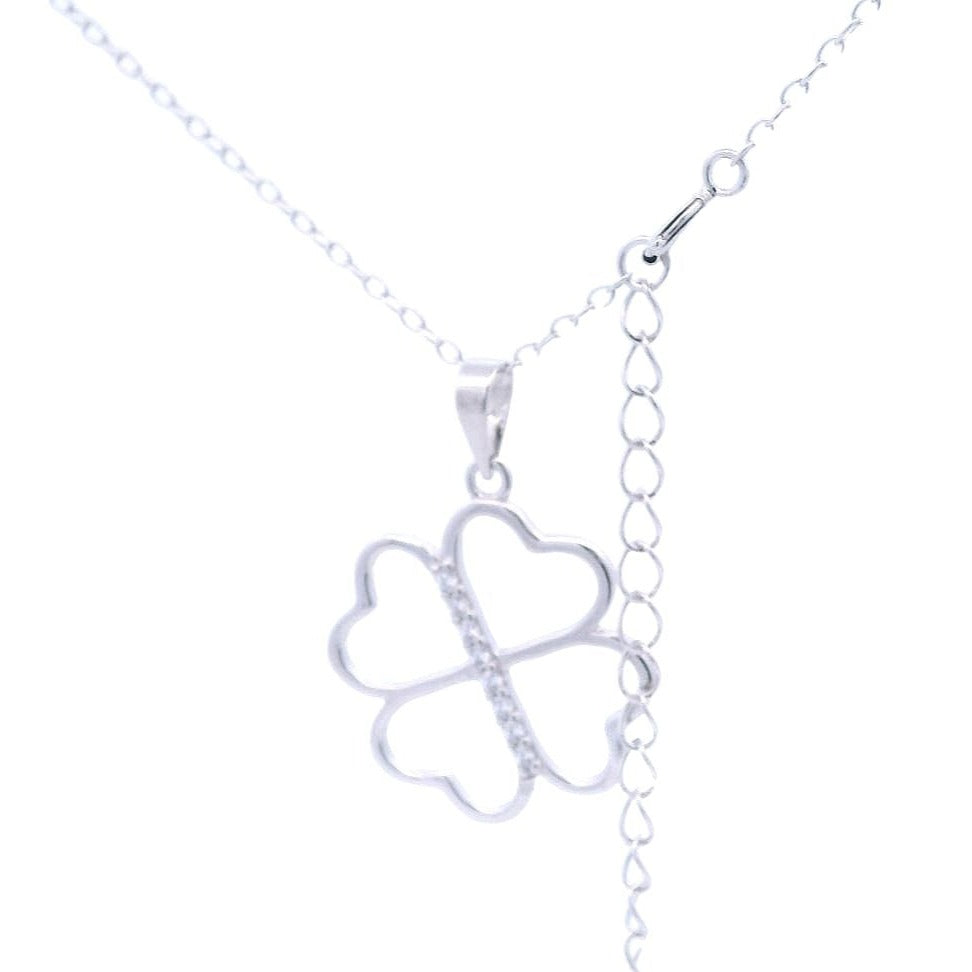 Sterling silver white four-leaf clover necklace with zirconia. Front view with necklace extension.
