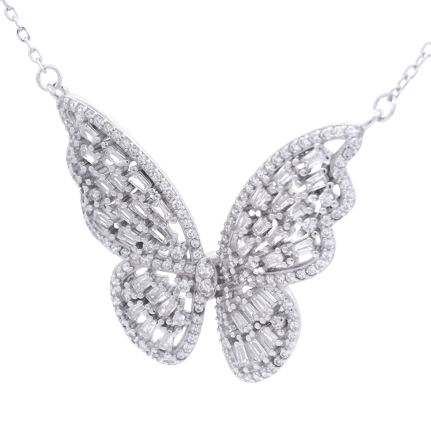 Silver Zirconia Butterfly necklace. Side view.