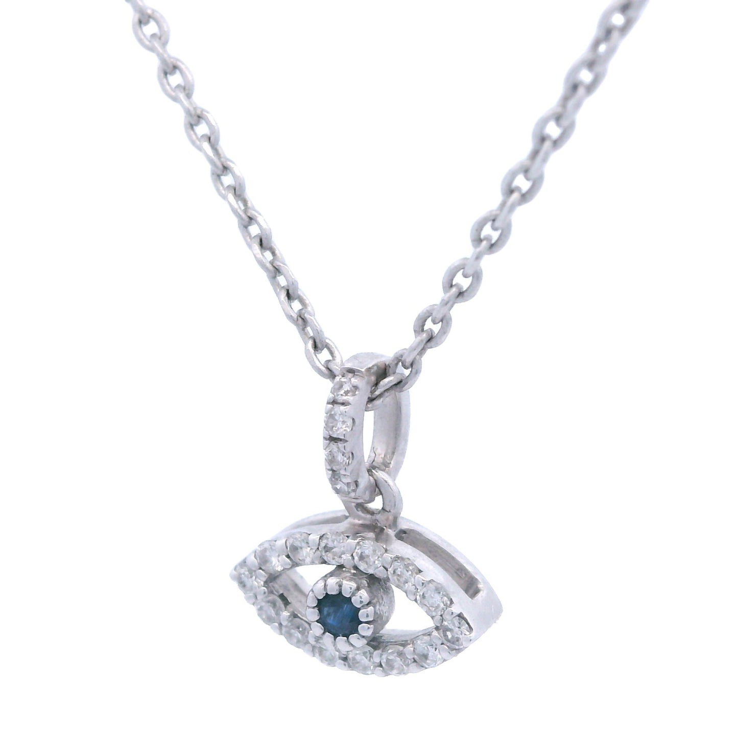 Front view of a white gold eye pendant outlined with white diamonds and has a blue sapphire in the center. The white gold pendant is held by a thin white gold chain.