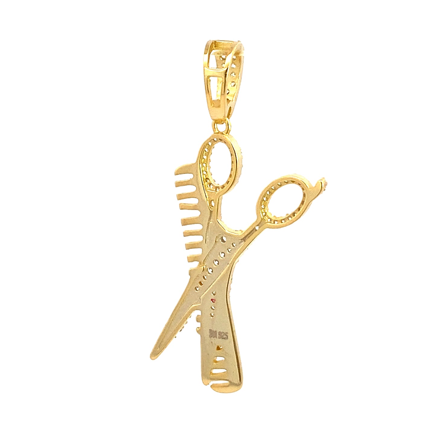 back view of sterling silver gold pendant of a scissor and a comb. The scissor has white zirconia