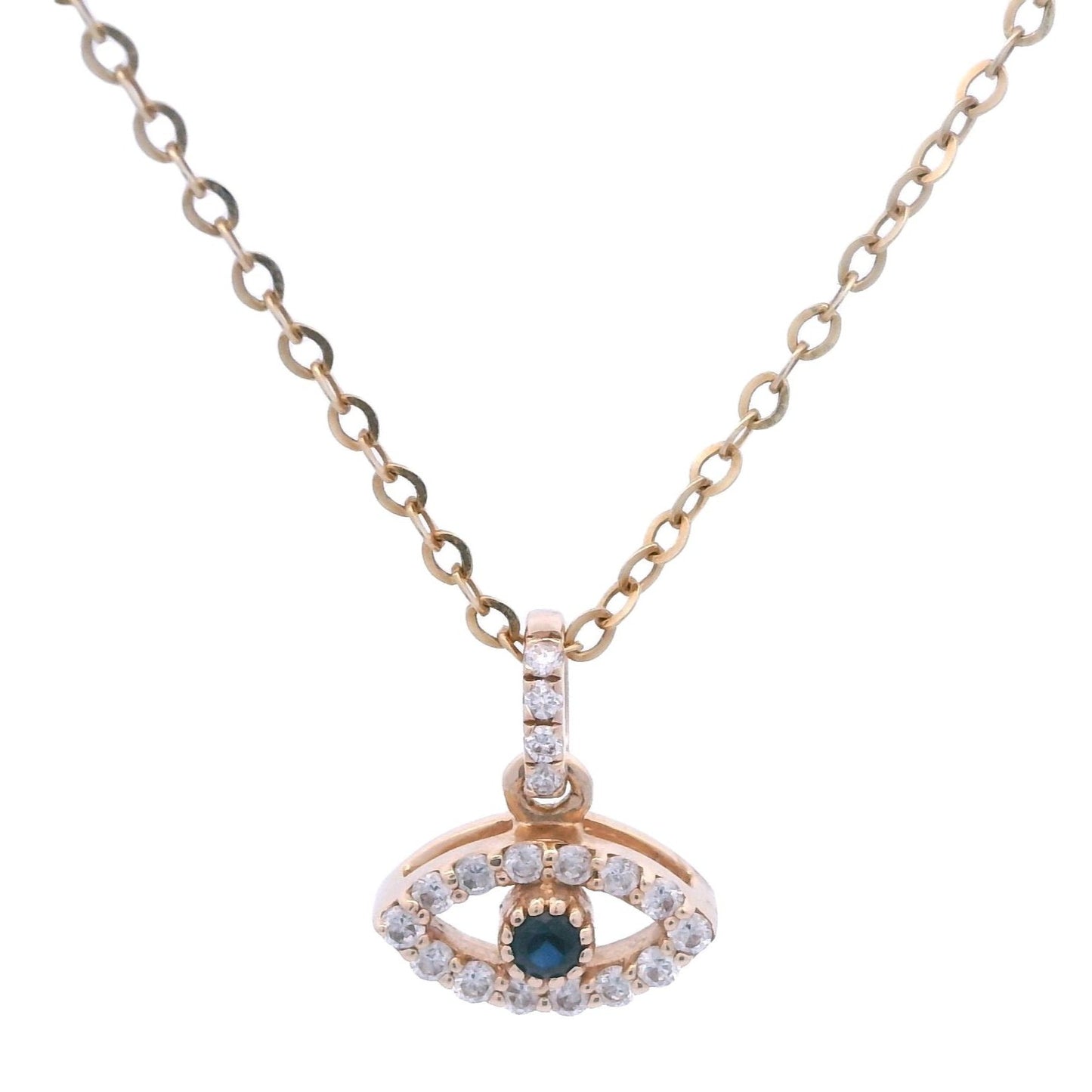 Front view of a yellow gold eye pendant outlined with white diamonds and has a blue sapphire in the center. The yellow gold pendant is held by a thin yellow gold chain.
