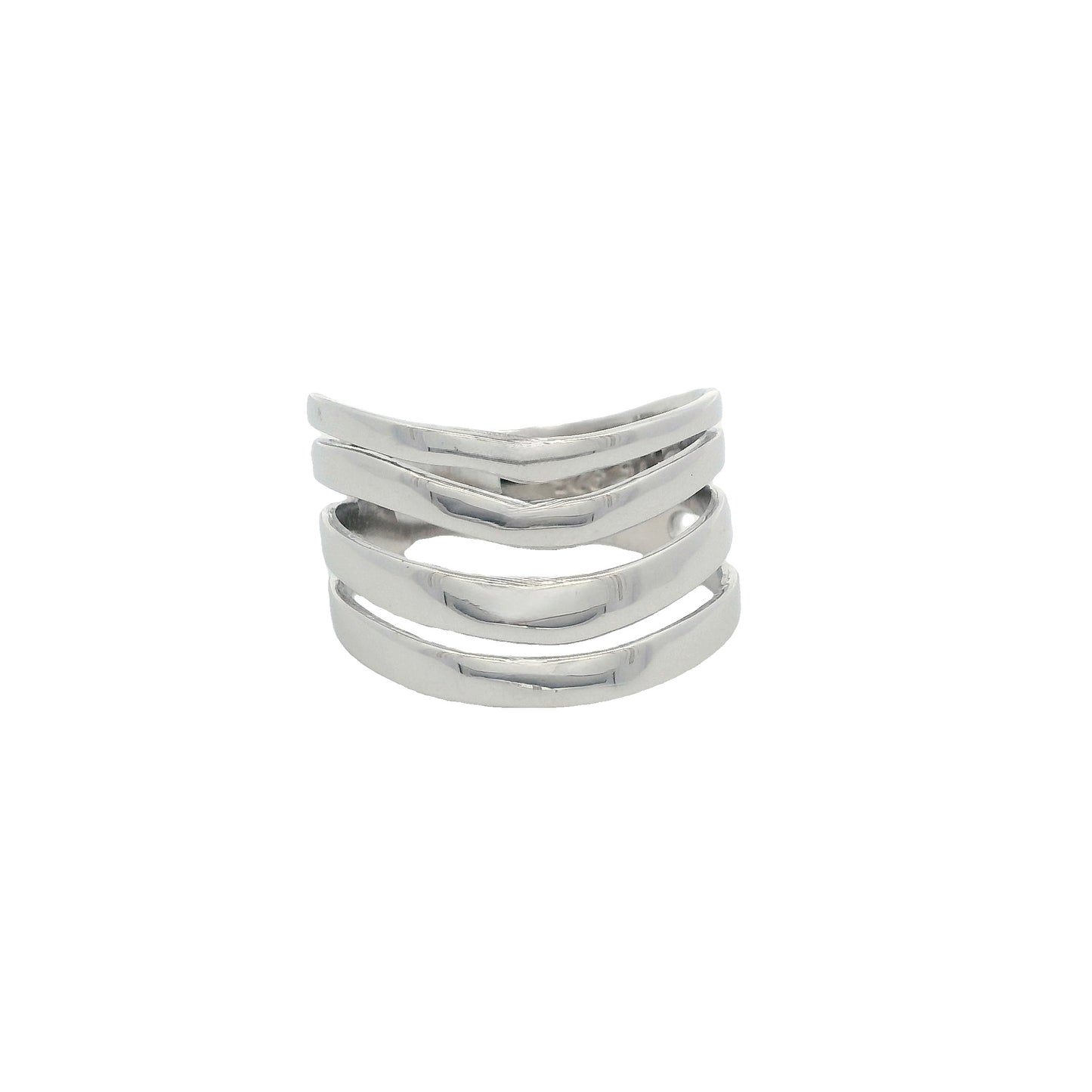 Front view of silver ring that has 4 thin bands that are wavy and dipping in the center.