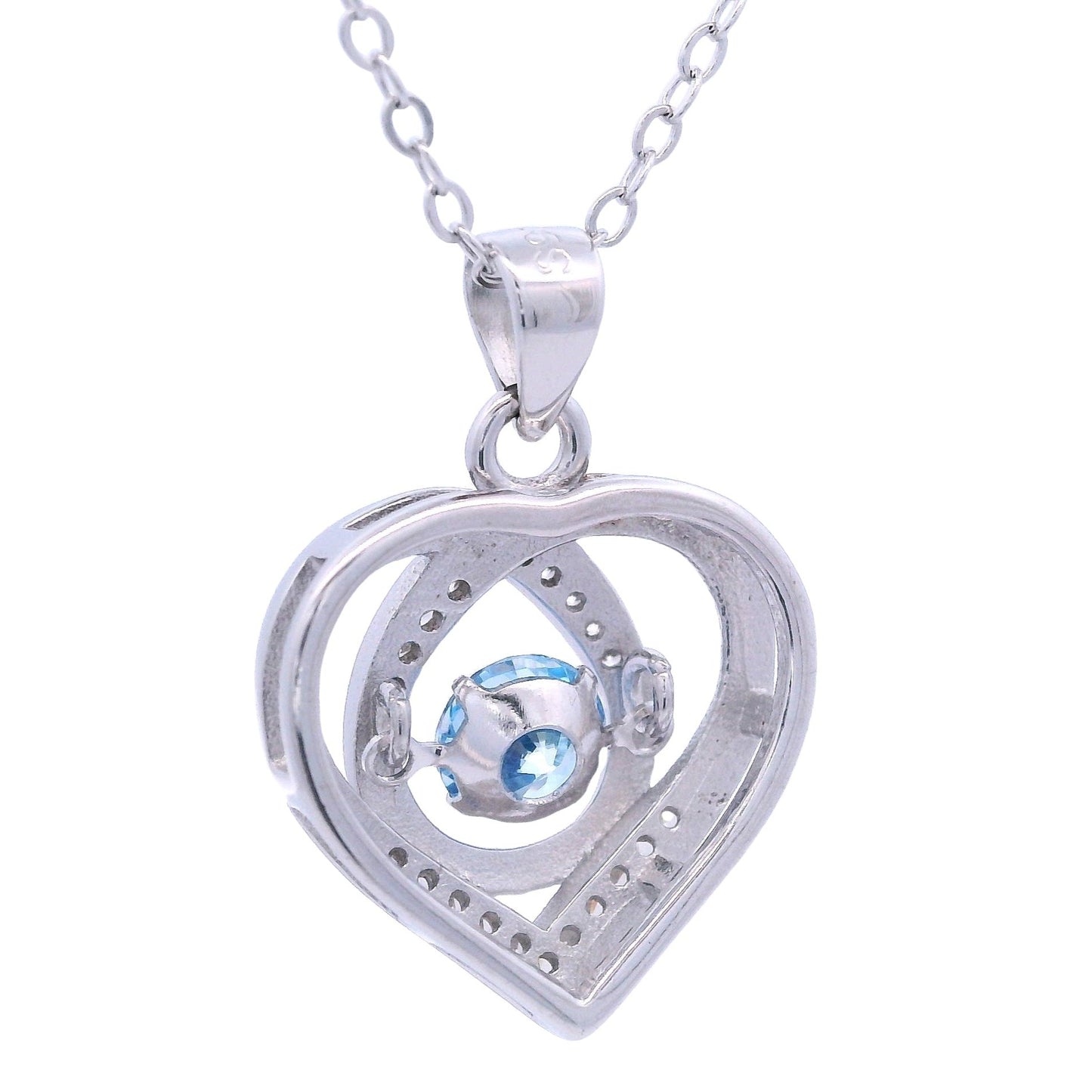Back view of Sterling Silver heart pendant with white zirconia accents and a blue dangling zirconia in the center.