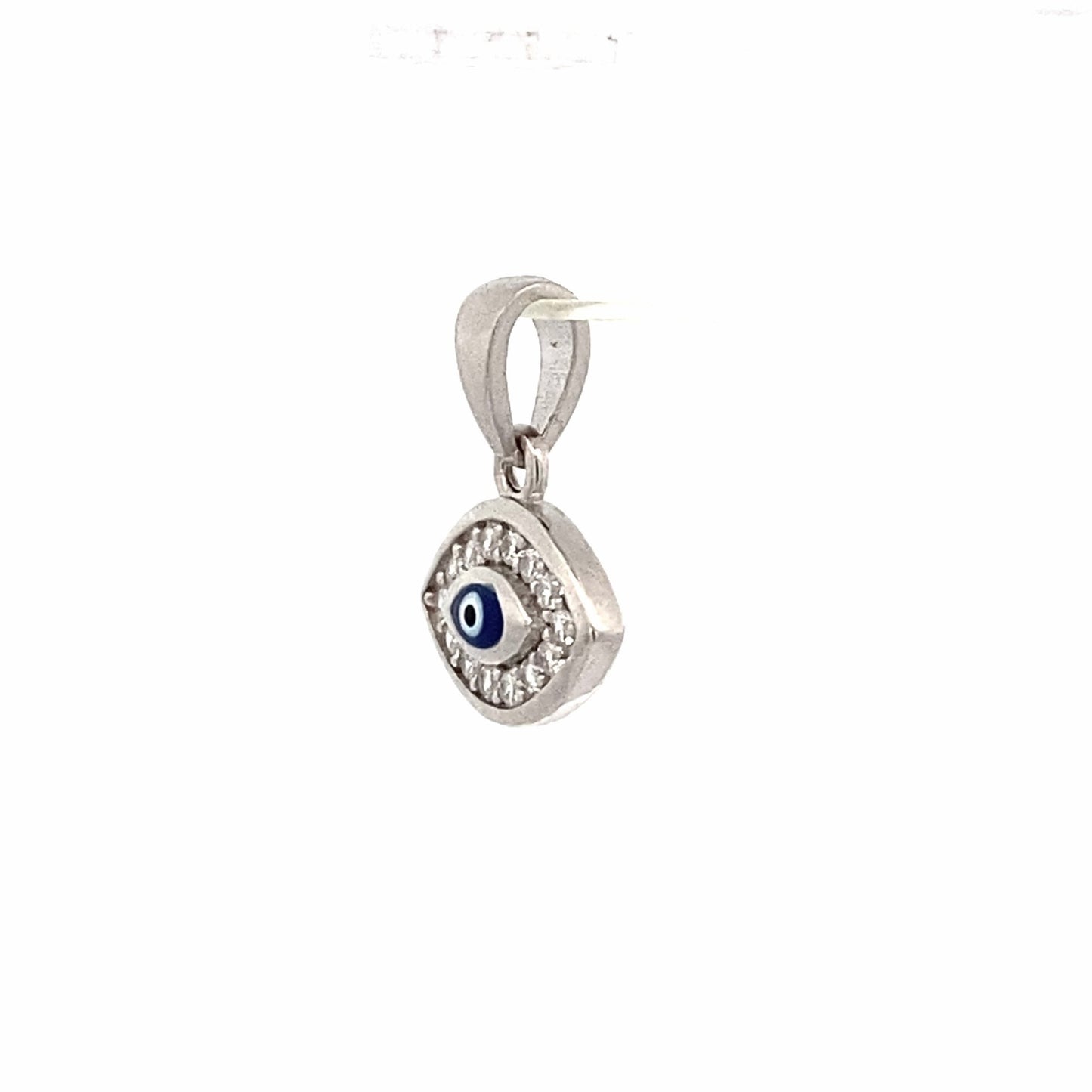Evil eye pendant with blue evil eye in center and zirconia around it. Side view.