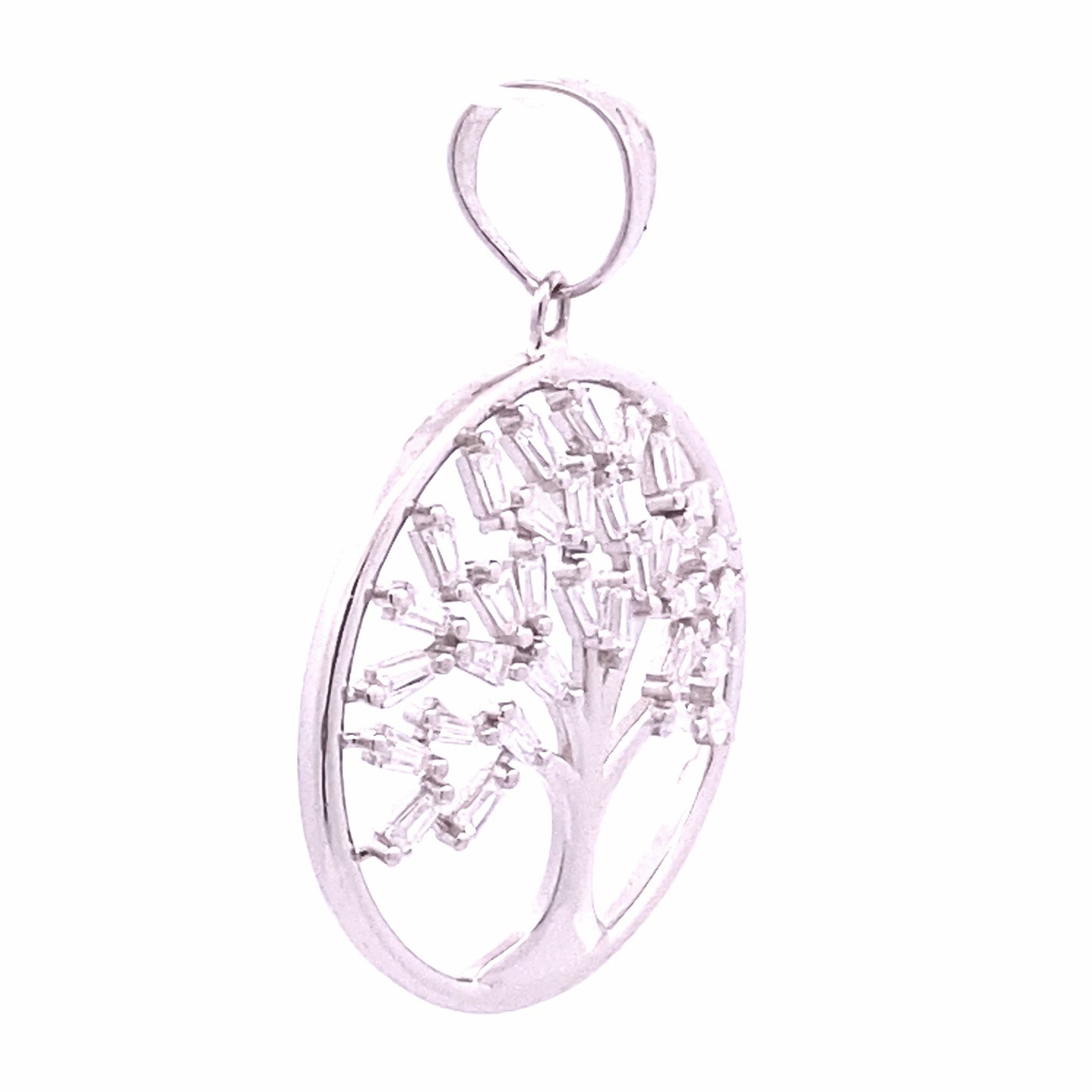 Silver Tree of Life Round Pendant with Zirconia Leaves side view