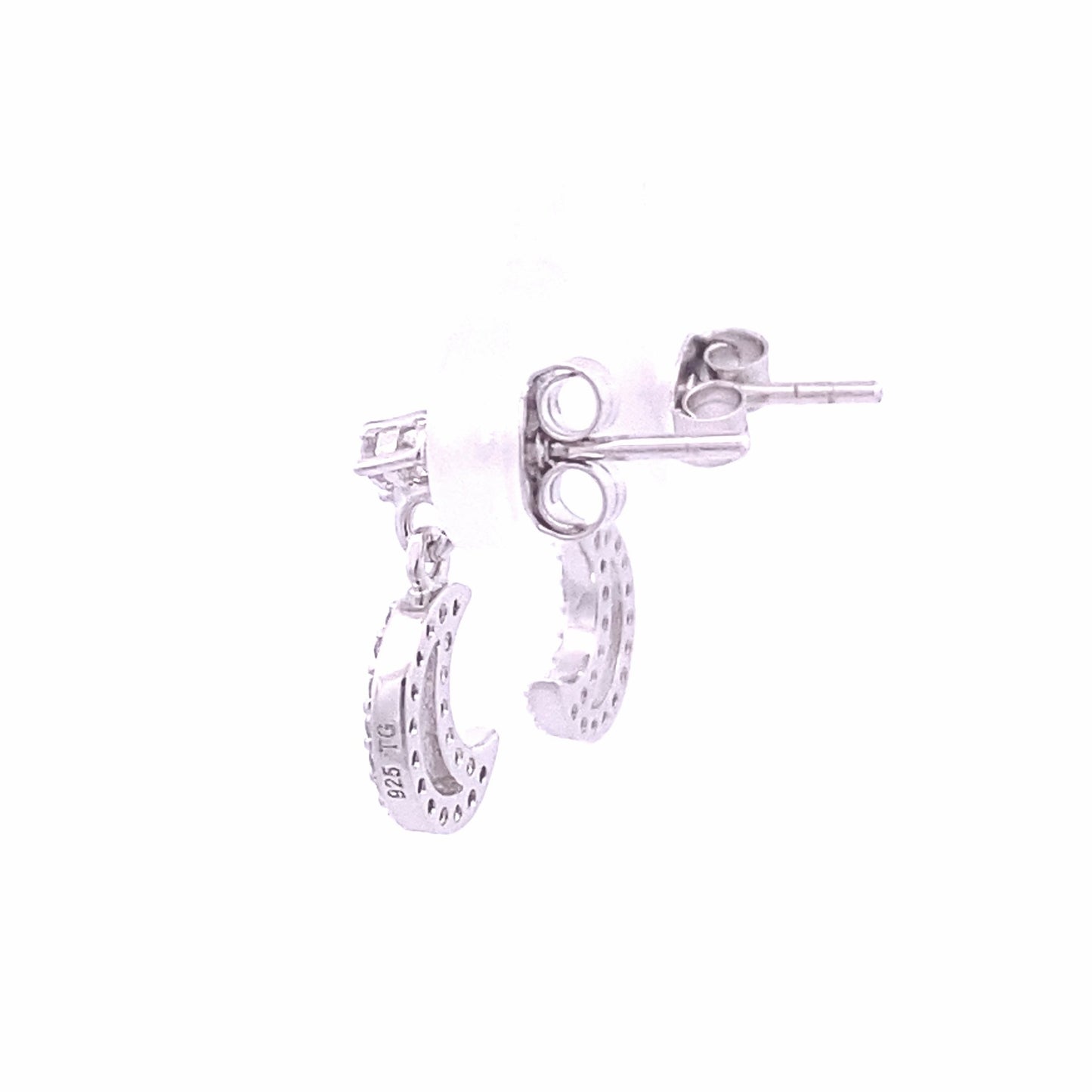 Zirconia Crescent Moon Dangle studs with friction post back. Side view.