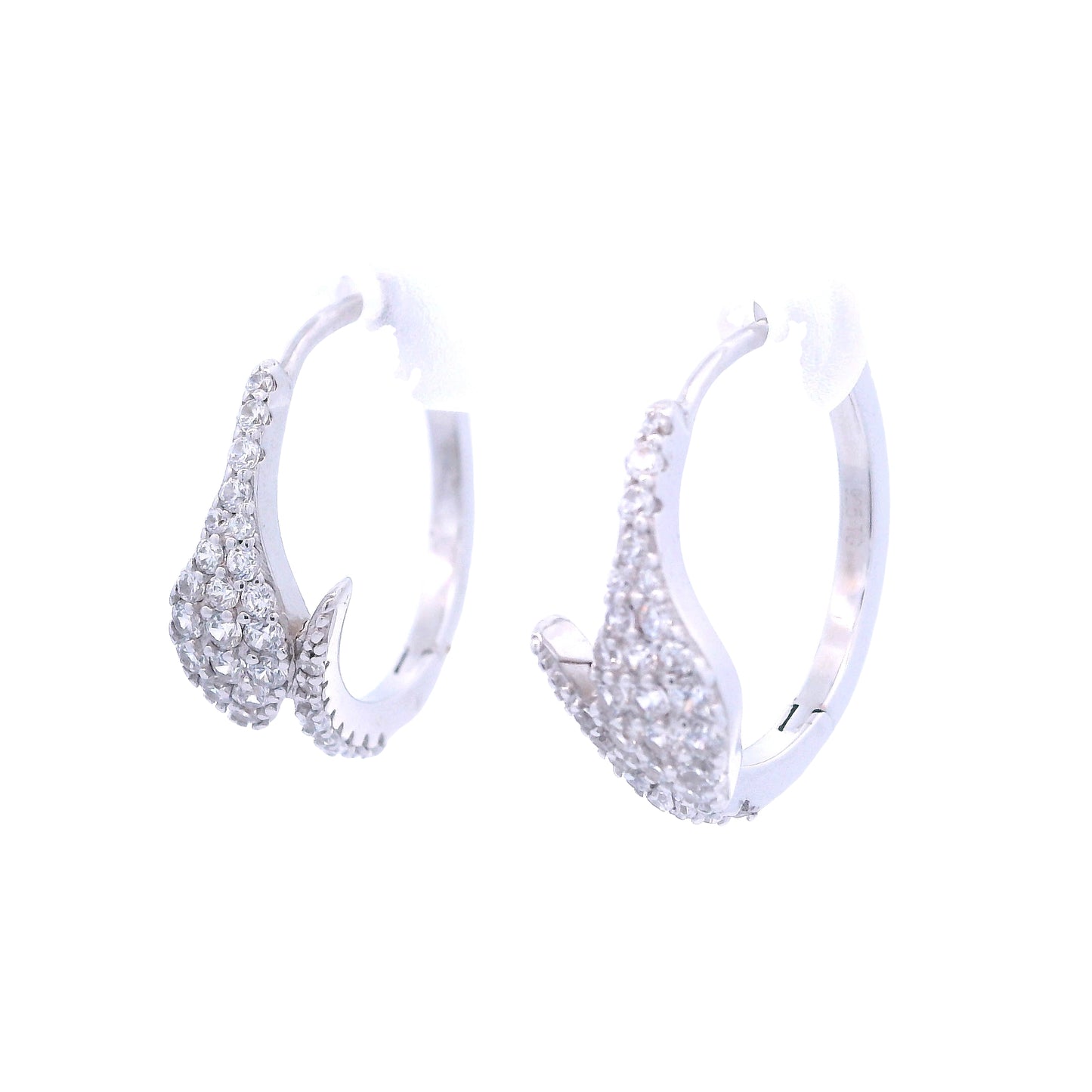 Side view of white silver small hoops with snake head and tail in the center. The hoops have white zirconia.
