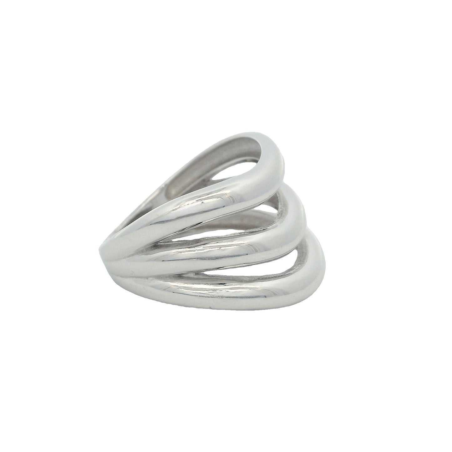 Side view of silver ring that has 3 chunky bands that are wavy and dipping in the center.