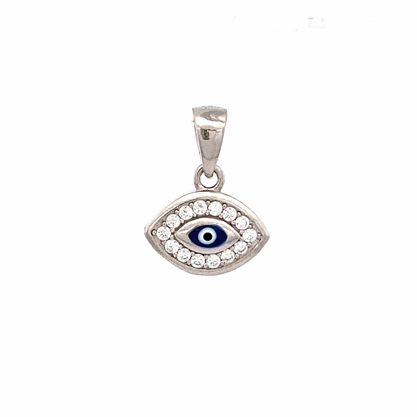 Evil eye pendant with blue evil eye in center and zirconia around it.
