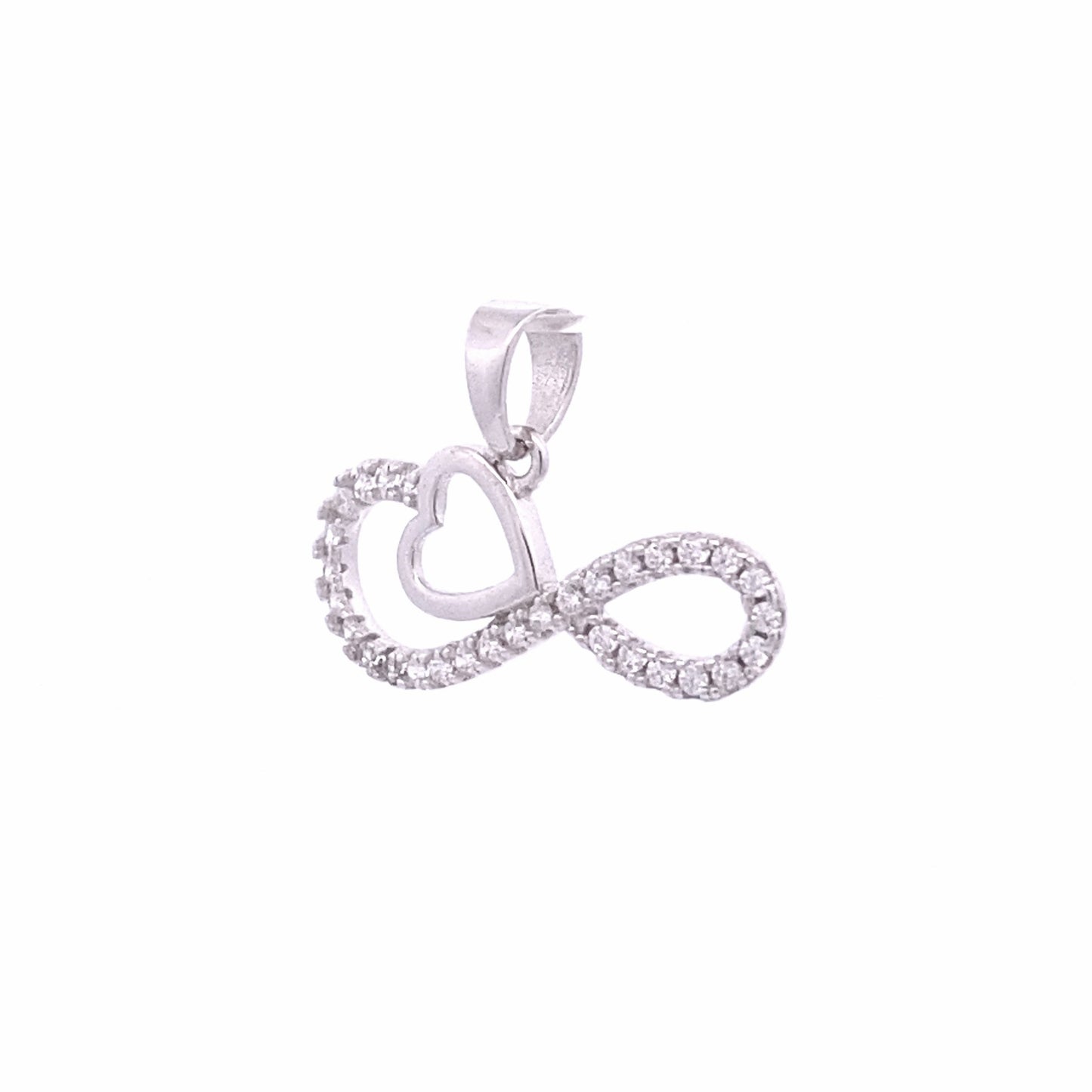 Infinity Zirconia Pendant with Silver Heart Outline. Front view.