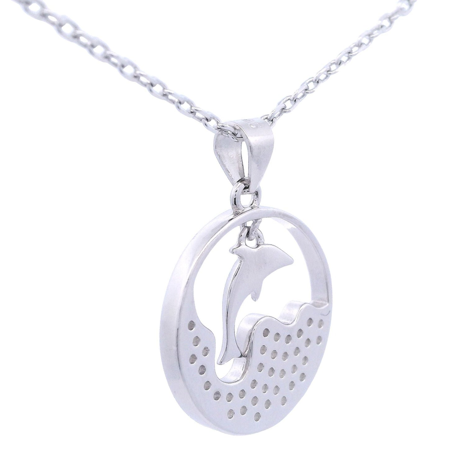 Silver necklace with round pendant that had a wave design with zirconia and a dangling dolphin in the center. Back view.