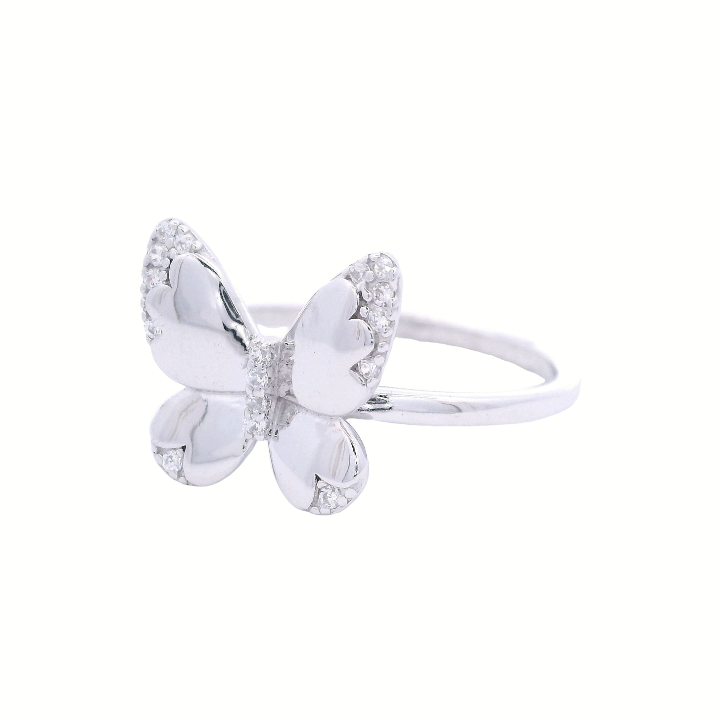 Angled front view of silver ring with a solid thin band and a butterfly in the center. The butterfly has clear round zirconia accents in the edges of each butterfly wing and in the center.