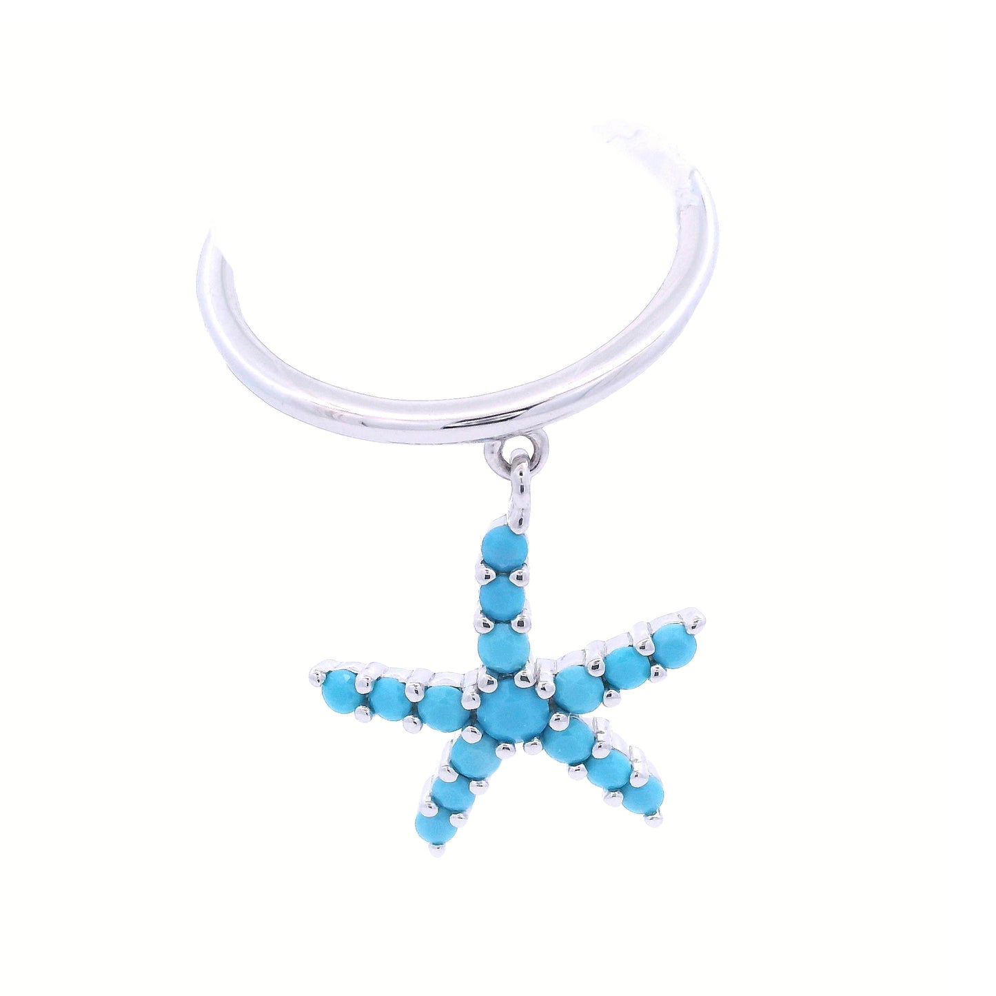 Front view of Sterling Silver band with dangling starfish that has baby blue zirconia in pavé setting