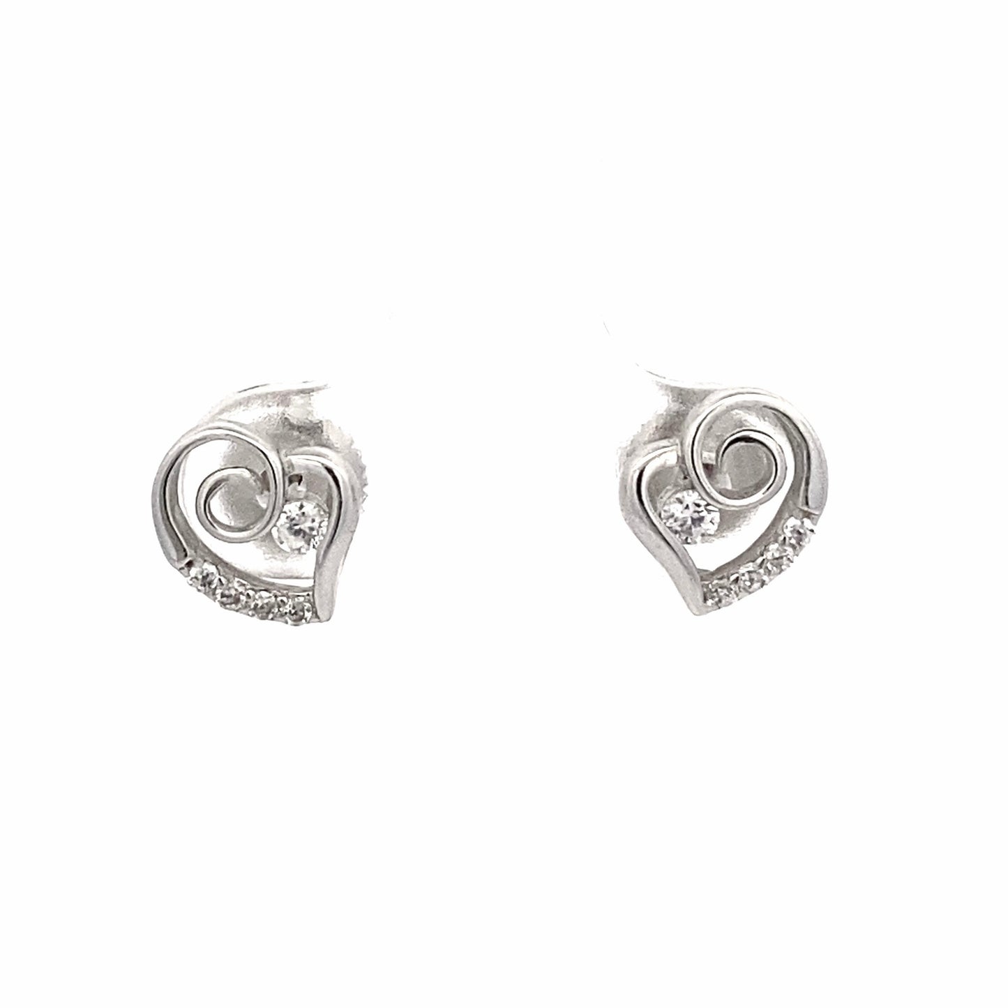 Silver screw back heart studs with single Zirconia inside heart and Zirconia accents. Front view.