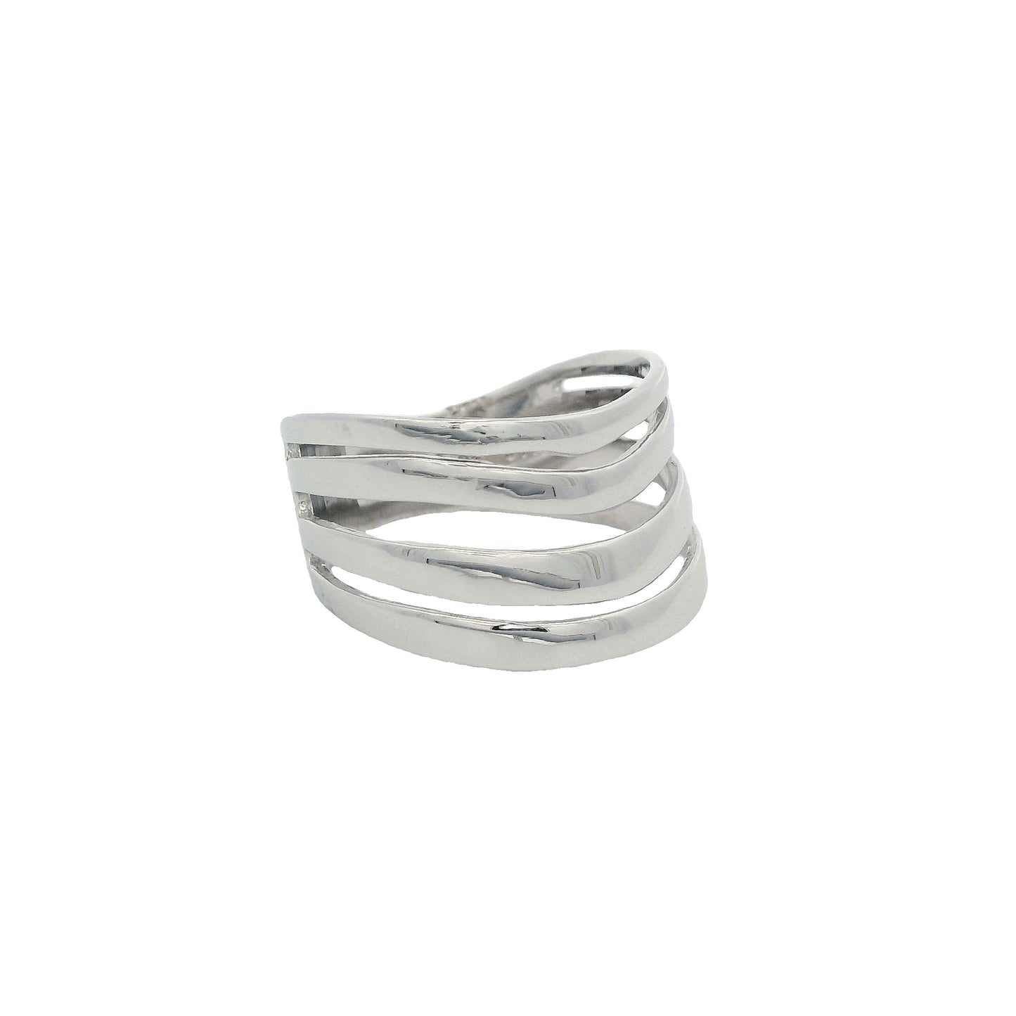 Side view of silver ring that has 4 thin bands that are wavy and dipping in the center.
