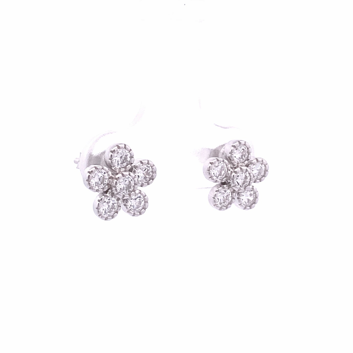 5 petal flower stud with zirconia and friction post back. Side view.