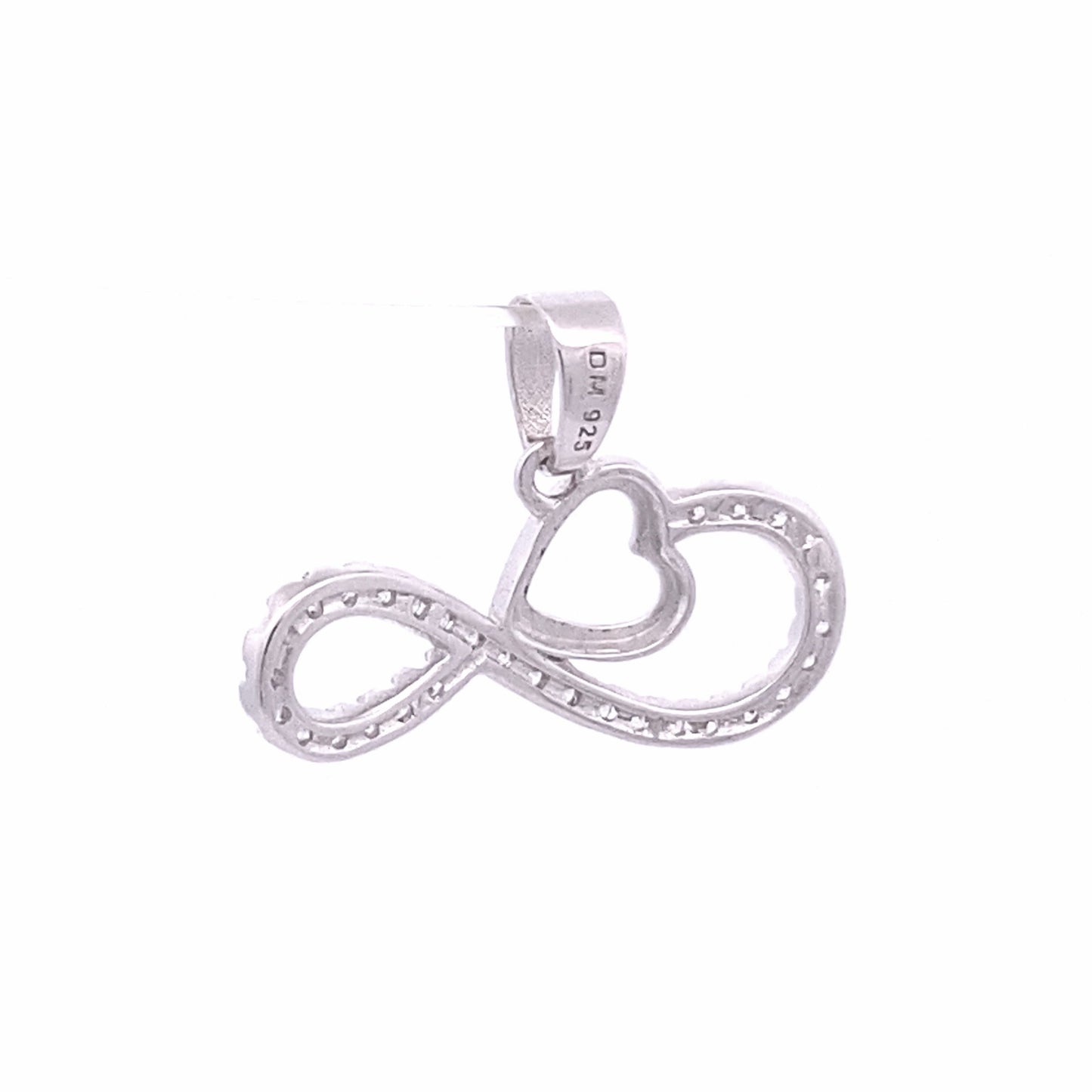 Infinity Zirconia Pendant with Silver Heart Outline. Side view.