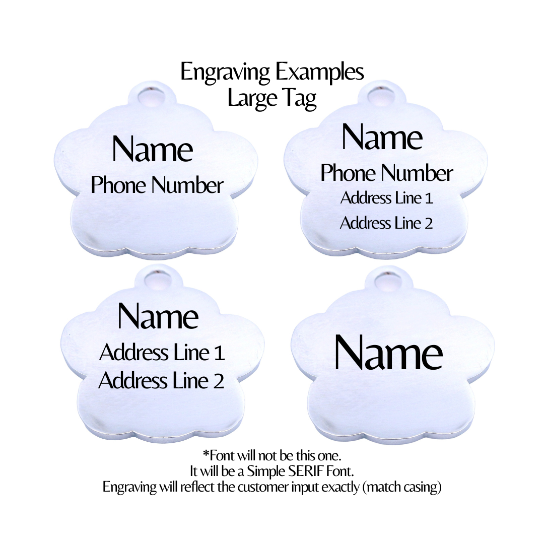 Four large white pet tags with engraved text examples on a white background