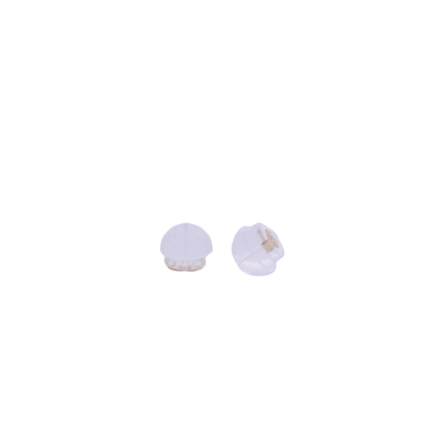 Two yellow gold earring backs wrapped with white silicone.