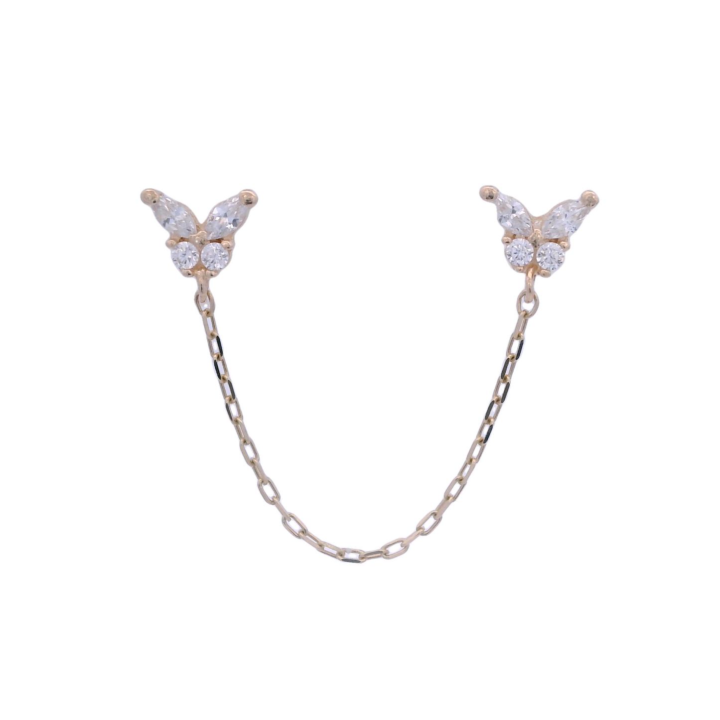 Two yellow gold butterflies with white zirconia. The butterfly earrings are connected by a thin yellow gold chain.