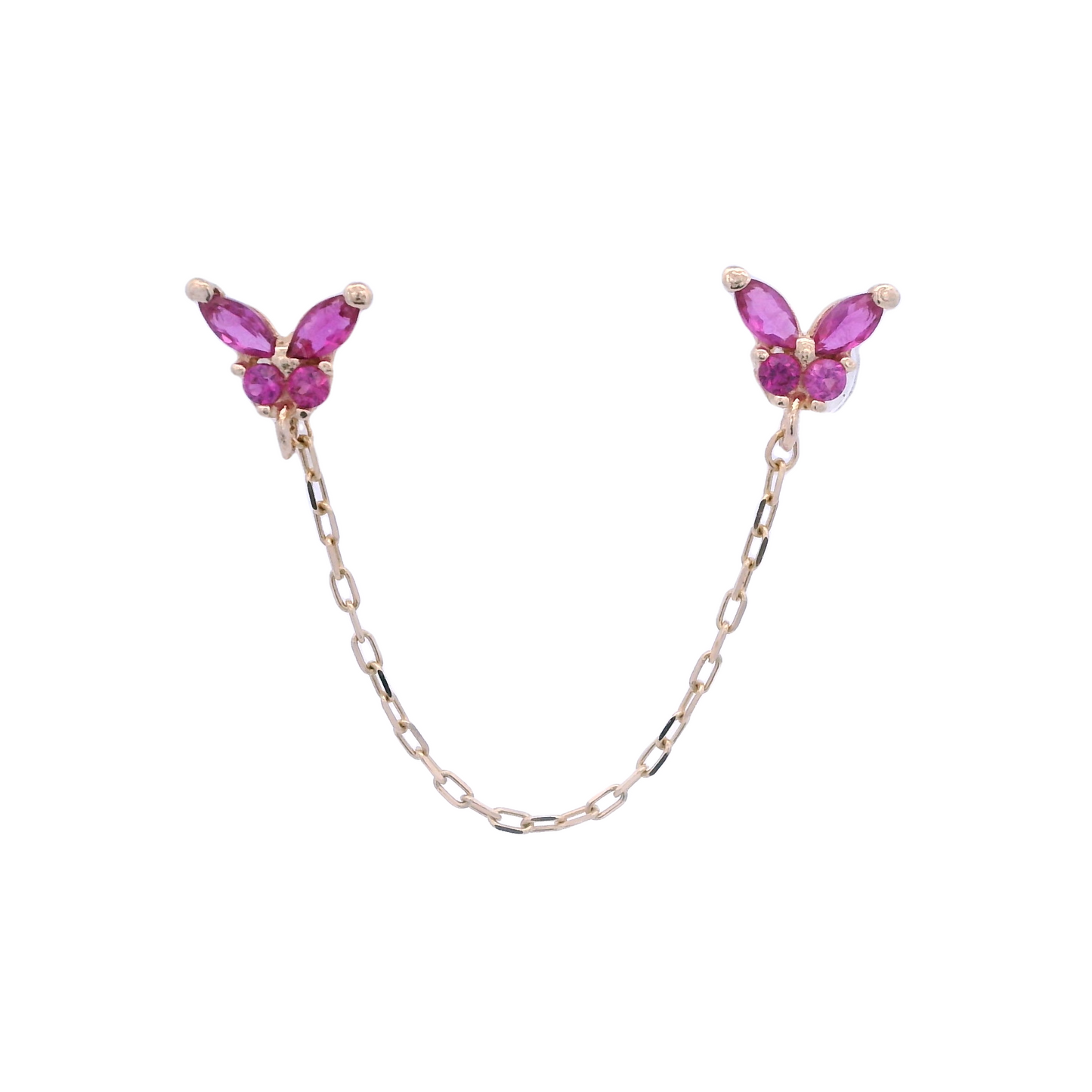 Two yellow gold butterflies with pink zirconia. The butterfly earrings are connected by a thin yellow gold chain.