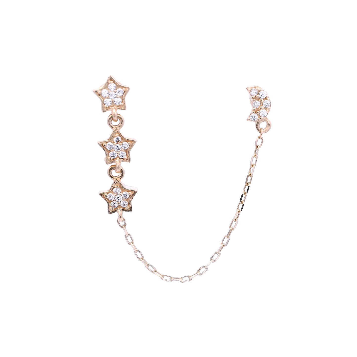Yellow gold stud with 3 small stars that are vertically aligned, and a yellow gold stud of a crescent moon. Both studs have white zirconia and they are connected by a thin gold chain.