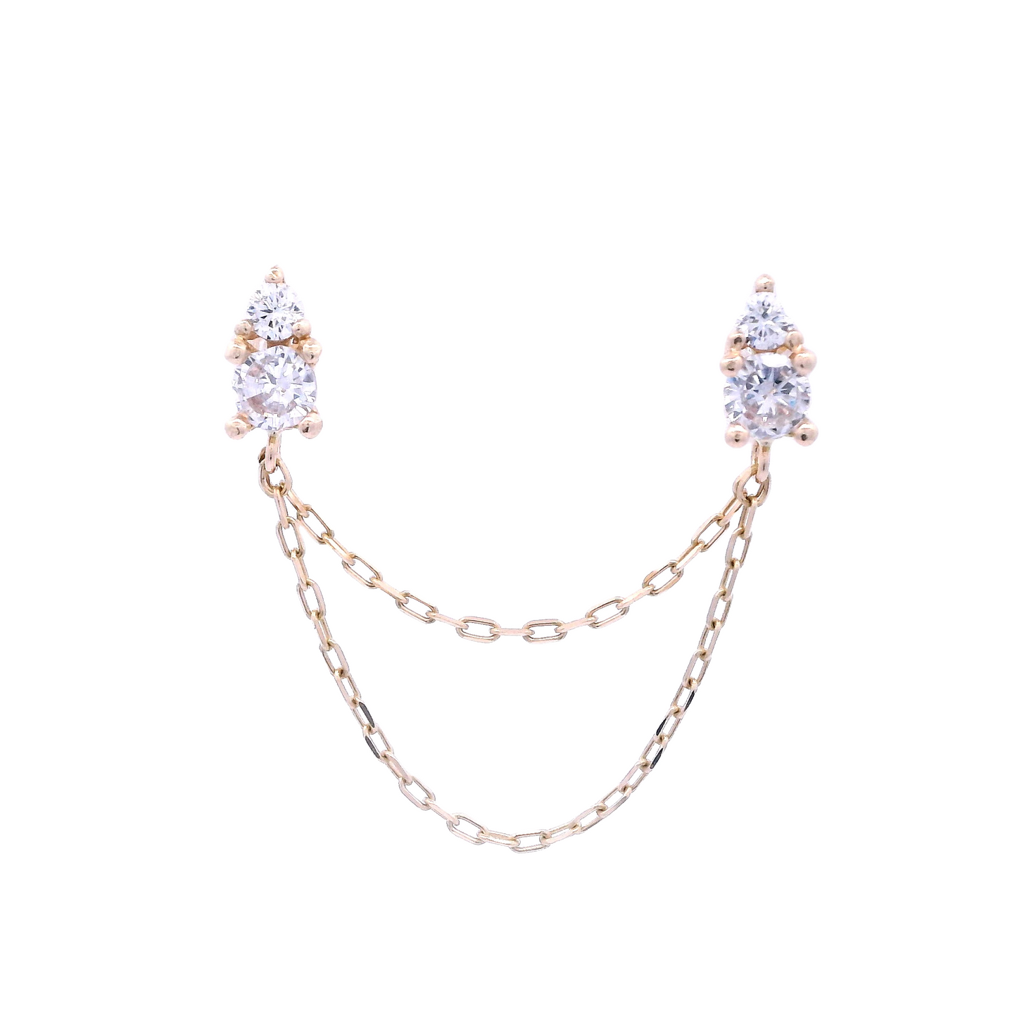 Front view of two pear-shaped studs connected by two yellow gold chains of different lengths. The pear-shaped studs have a yellow gold base. The pear shape is created by combining two round white zirconia of different diameters.