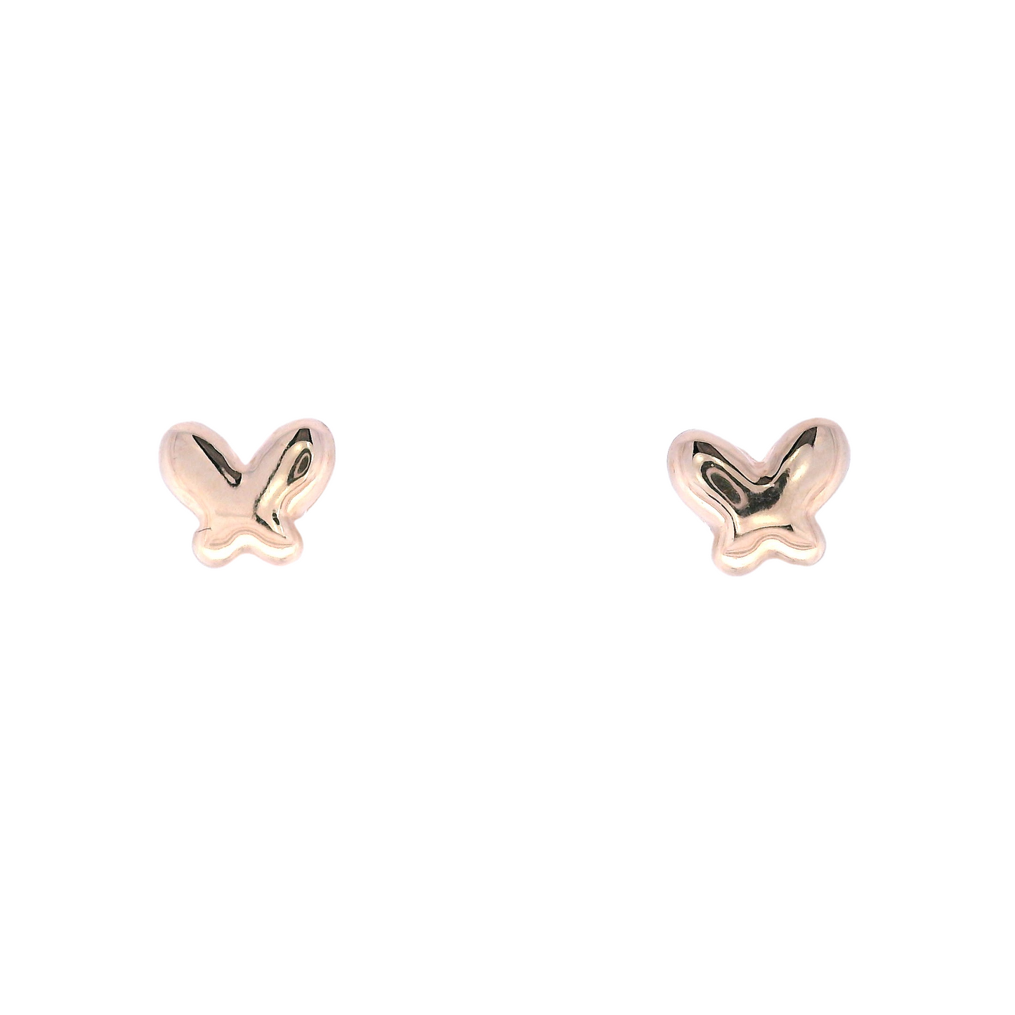 Front view of Yellow gold butterfly earring studs. The butterflies have no design and have 4 wings, 2 large ones on top and 2 small ones in the bottom.