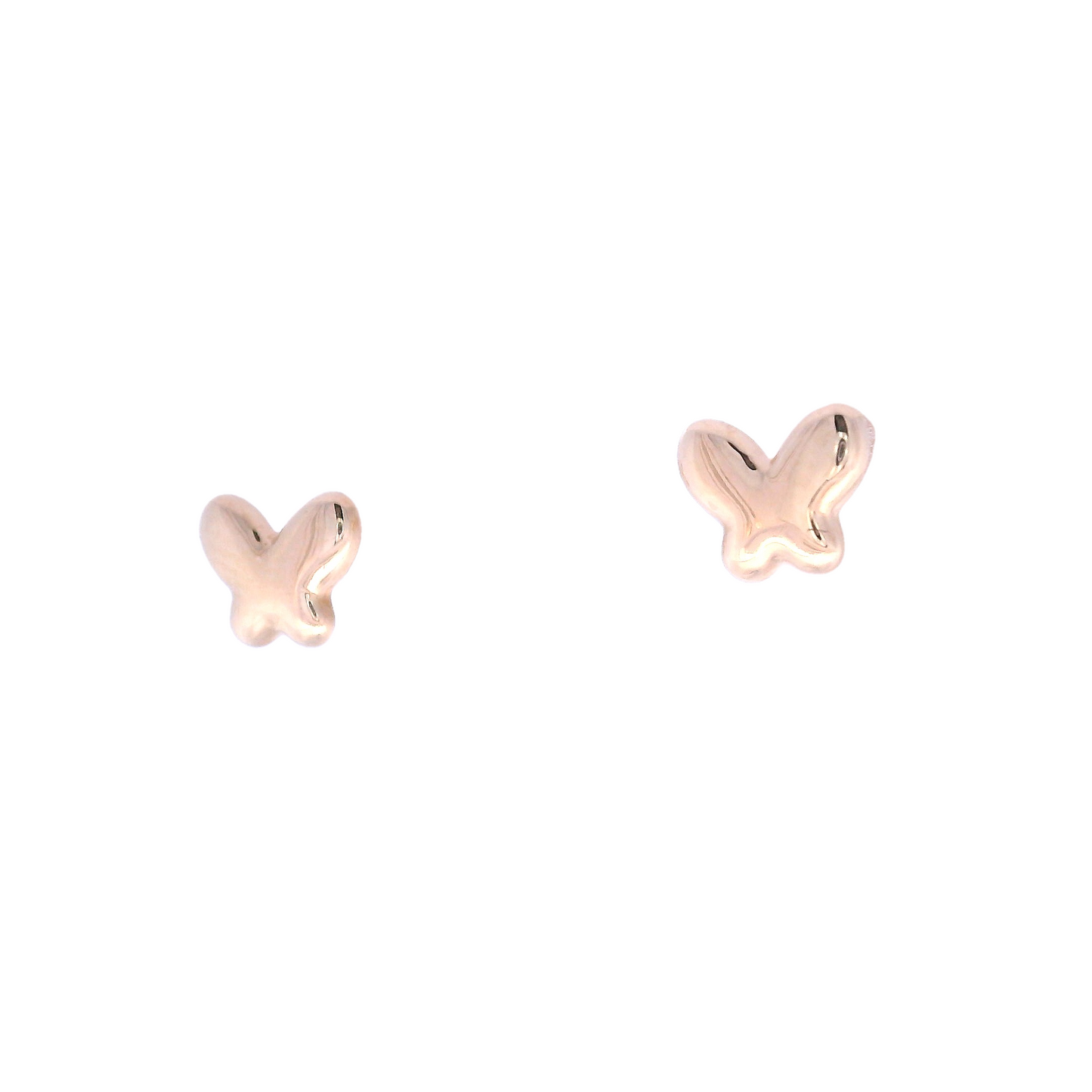 Angled view of Yellow gold butterfly earring studs. The butterflies have no design and have 4 wings, 2 large ones on top and 2 small ones in the bottom.