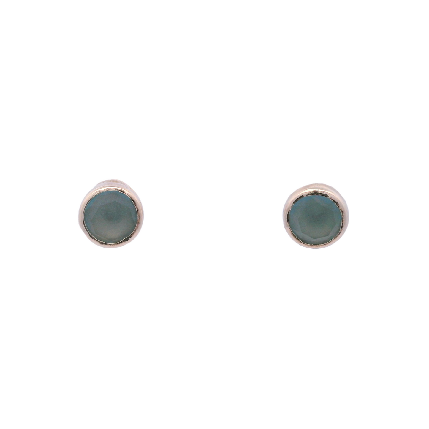 Front view of 5mm flat round stud with a gold base a green/gray zirconia.