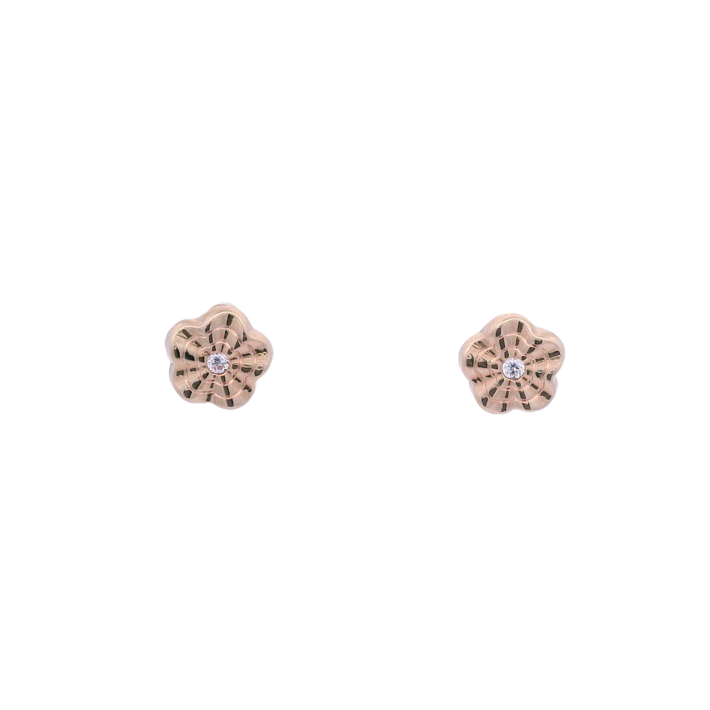 Front view of a yellow 5 petal flower with a wavy texture and outline, and a dainty white zirconia in the center.