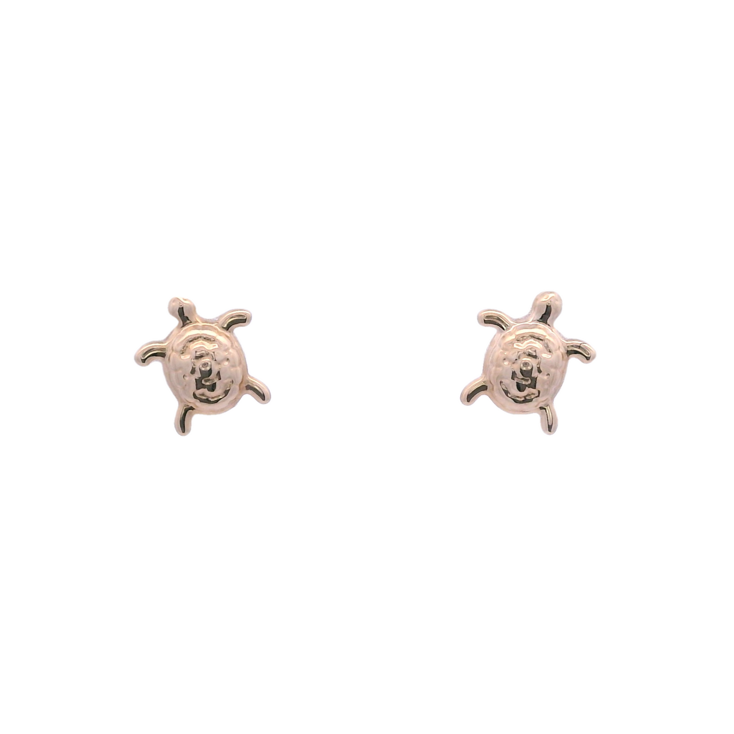 Front view of yellow gold stud earring in a turtle shape with a textured center.