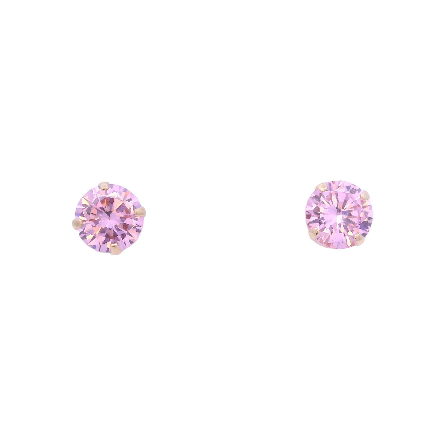 Front view of round baby pink zirconia with 4 small yellow gold hooks that connect it to the base of the earring.