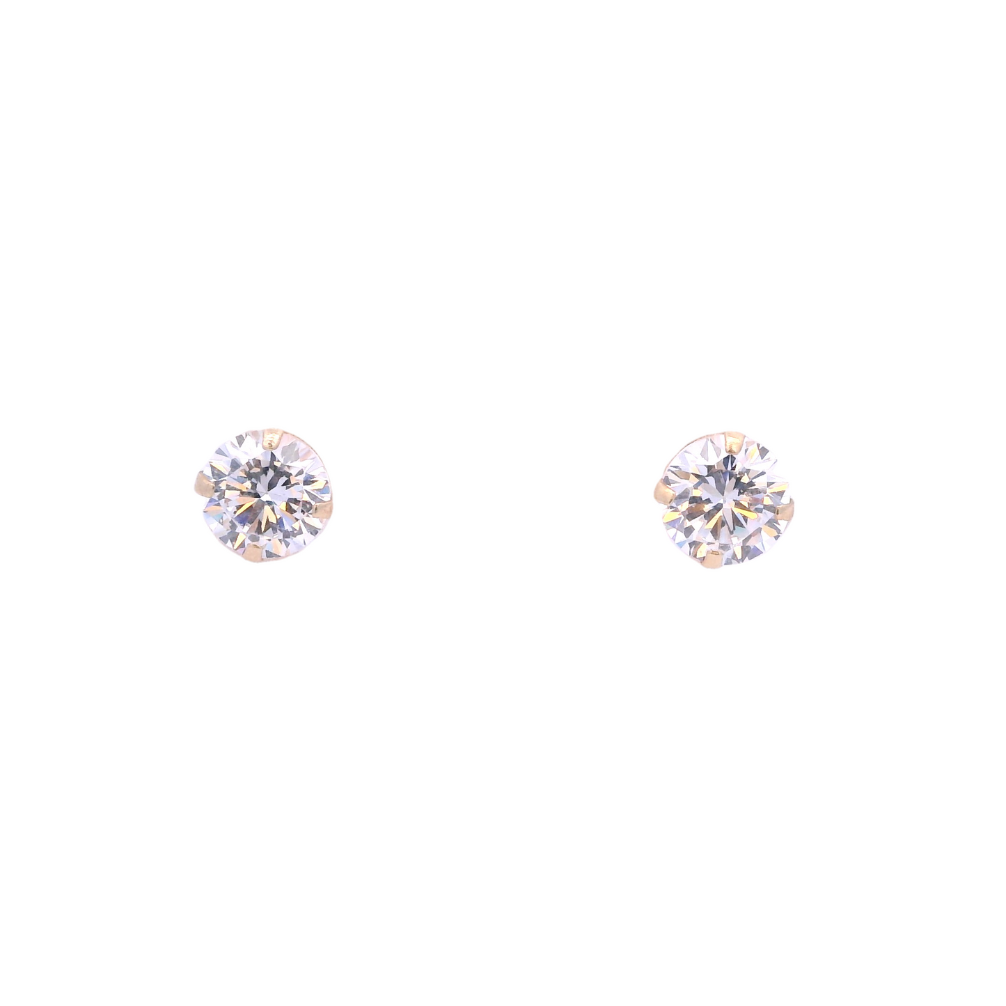 Front view of round white zirconia with 4 small yellow gold hooks that connect it to the base of the earring.