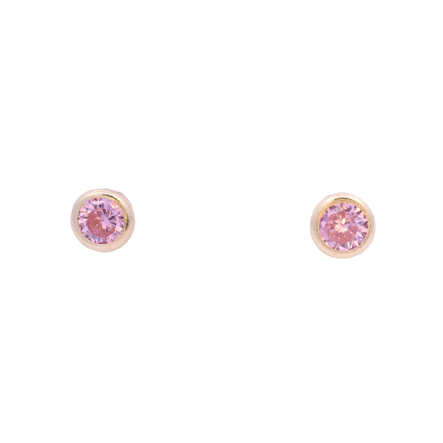 Front view of 4mm flat round stud with a gold base and a baby pink zirconia.