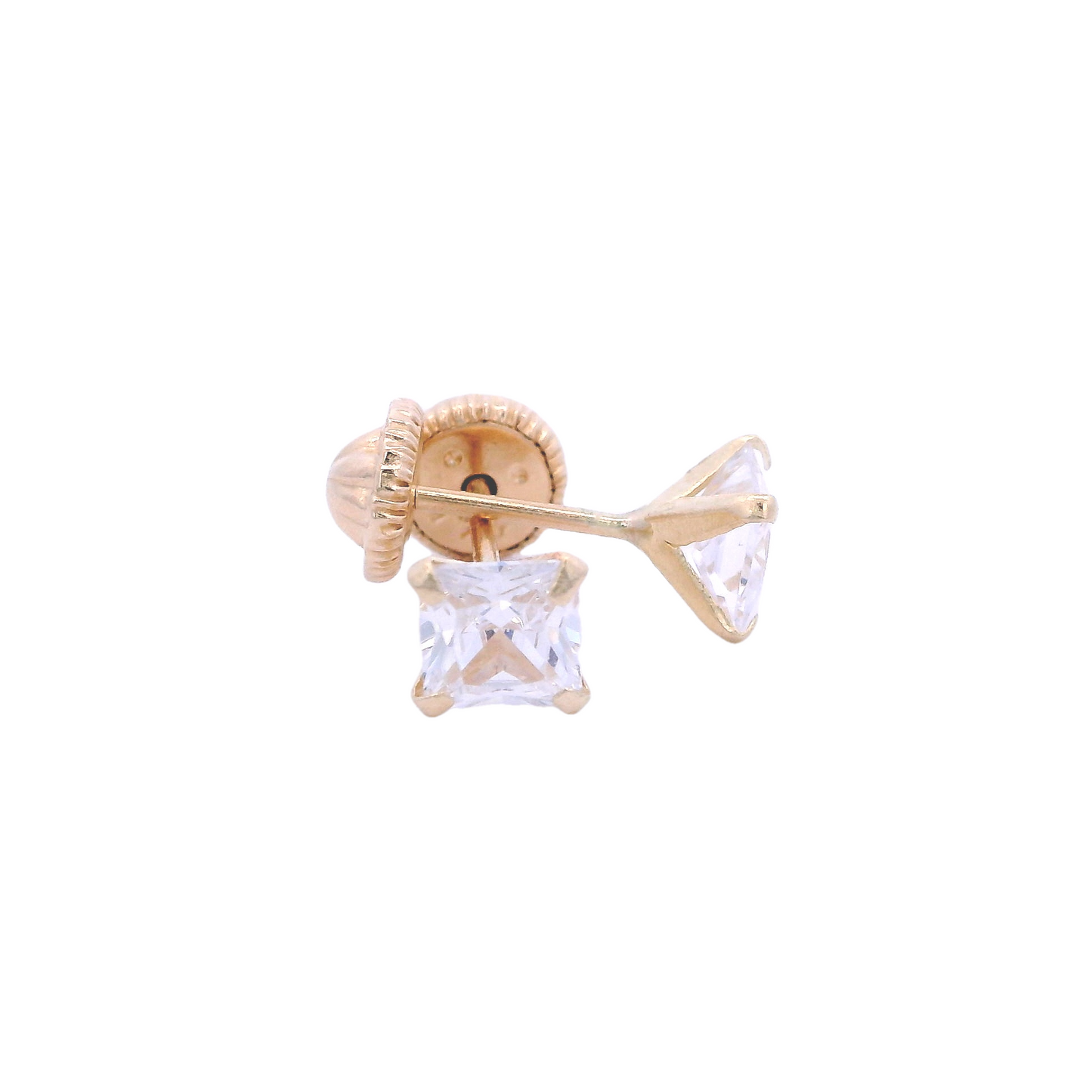 Two square white zirconia stud earrings with 4 small yellow gold hooks that connect it to the base of the earring. Threaded post back.