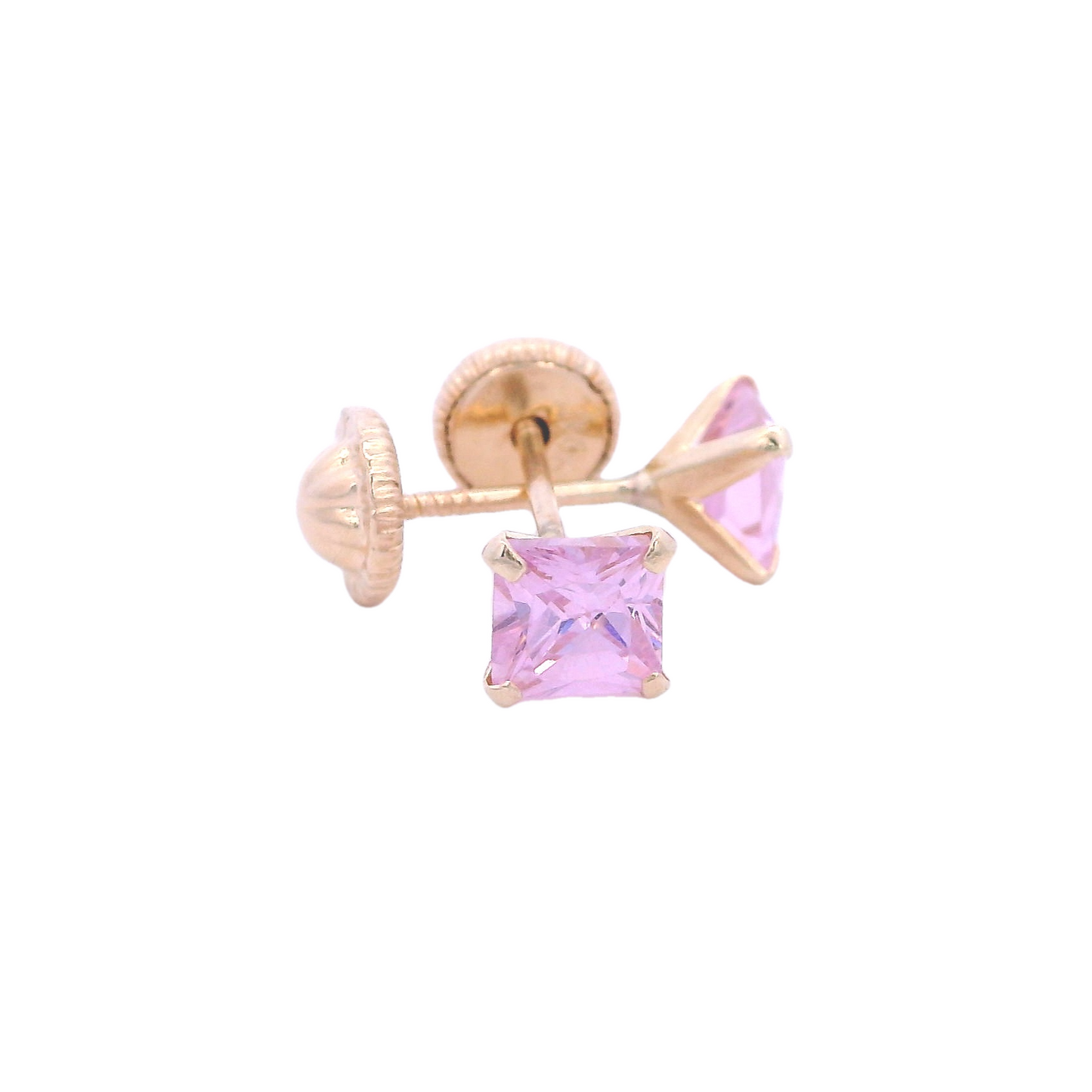 Two square light pink zirconia stud earrings with 4 small yellow gold hooks that connect it to the base of the earring. Threaded post back.