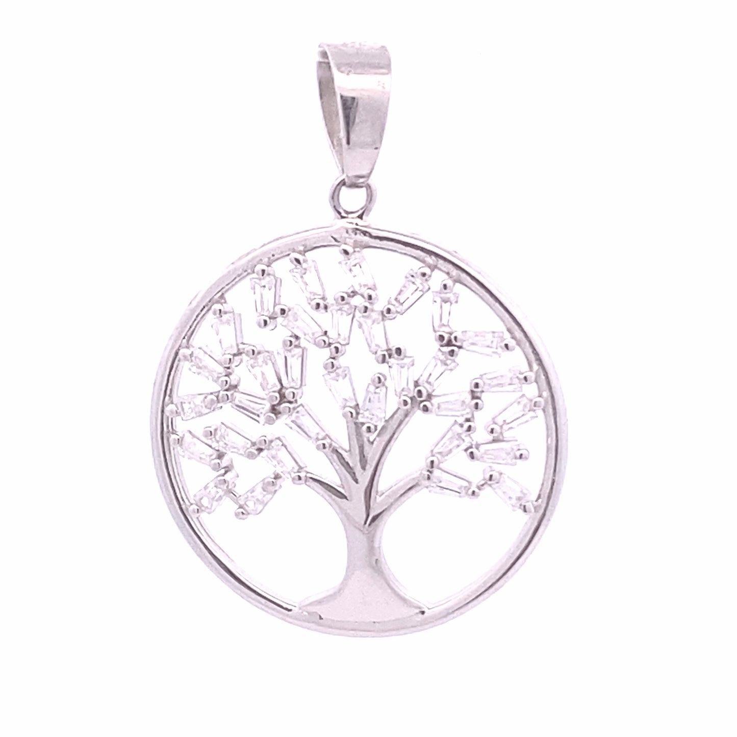Silver Tree of Life Round Pendant with Zirconia Leaves front view