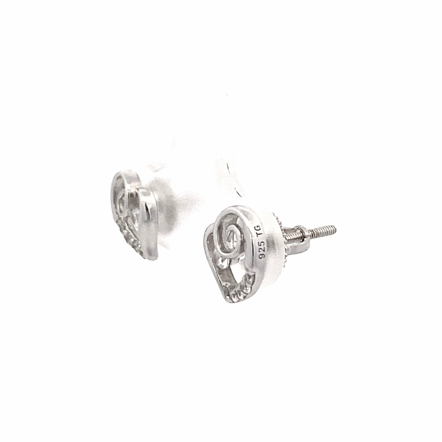 Silver screw back heart studs with single Zirconia inside heart and Zirconia accents. Side view.