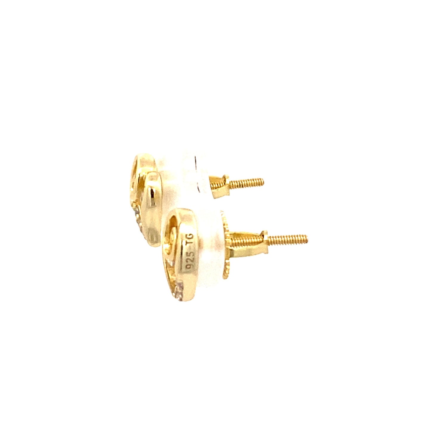 Gold-Plated screw back heart studs with single Zirconia inside heart and Zirconia accents. Side view.