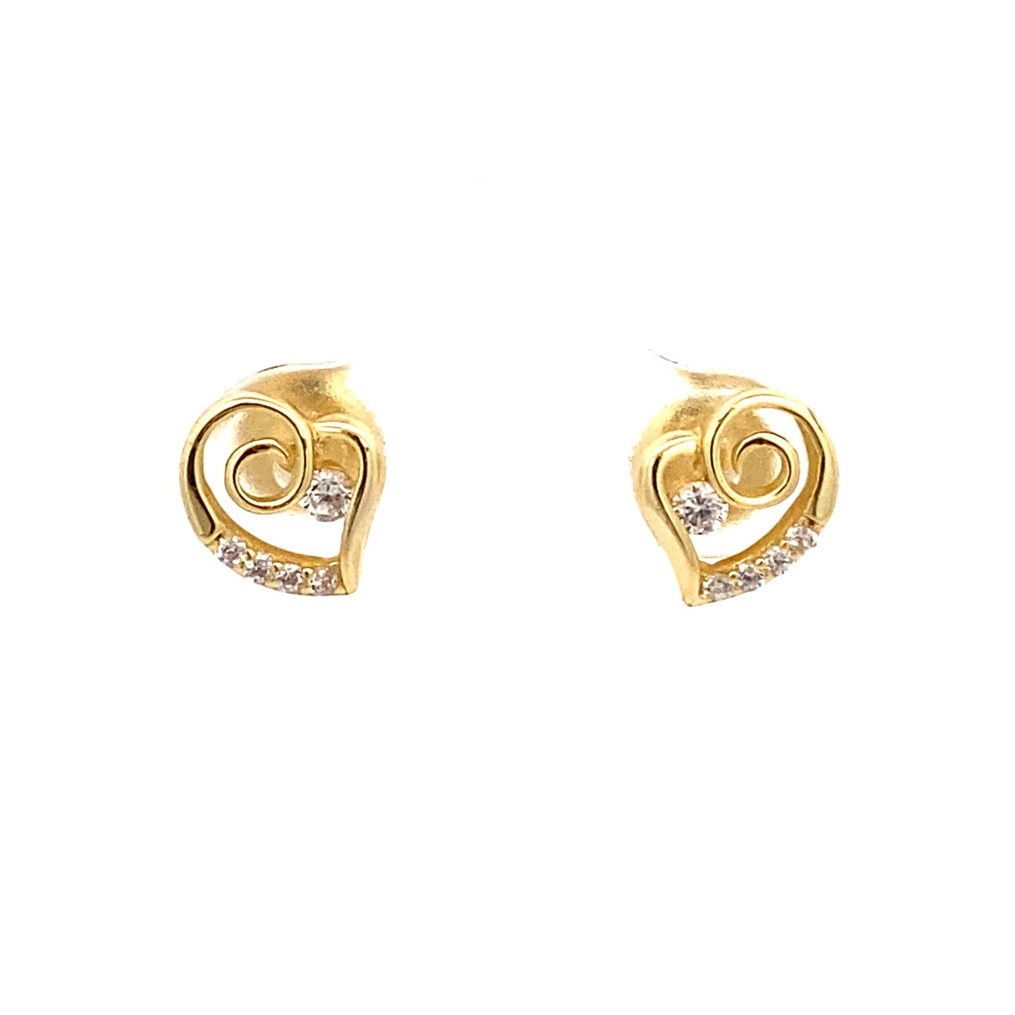Gold-Plated screw back heart studs with single Zirconia inside heart and Zirconia accents. Front view.