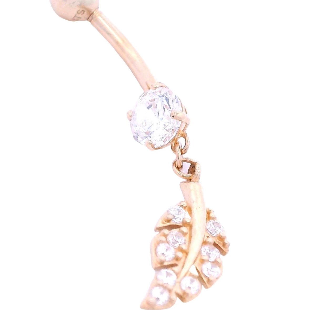 14k gold belly button piercing with a dangling leaf