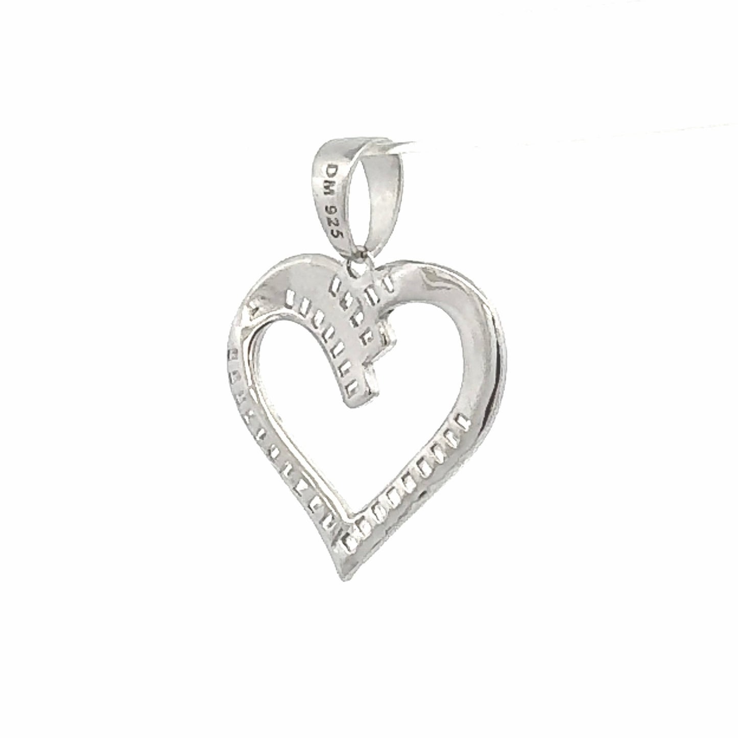 Heart pendant with Baguette Zirconia in silver color back angle view